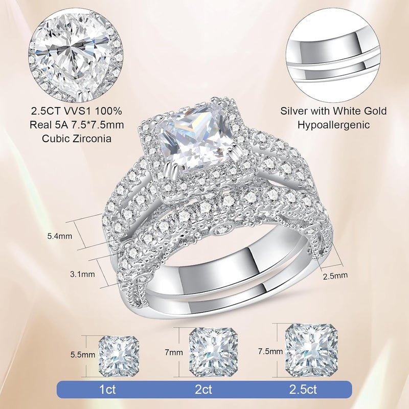 AVECON 5CT Princess Cut Engagement Ring, Promise Wedding Cubic Zirconia White Gold Plated Band Set for Women Size 5-10 - Image 3